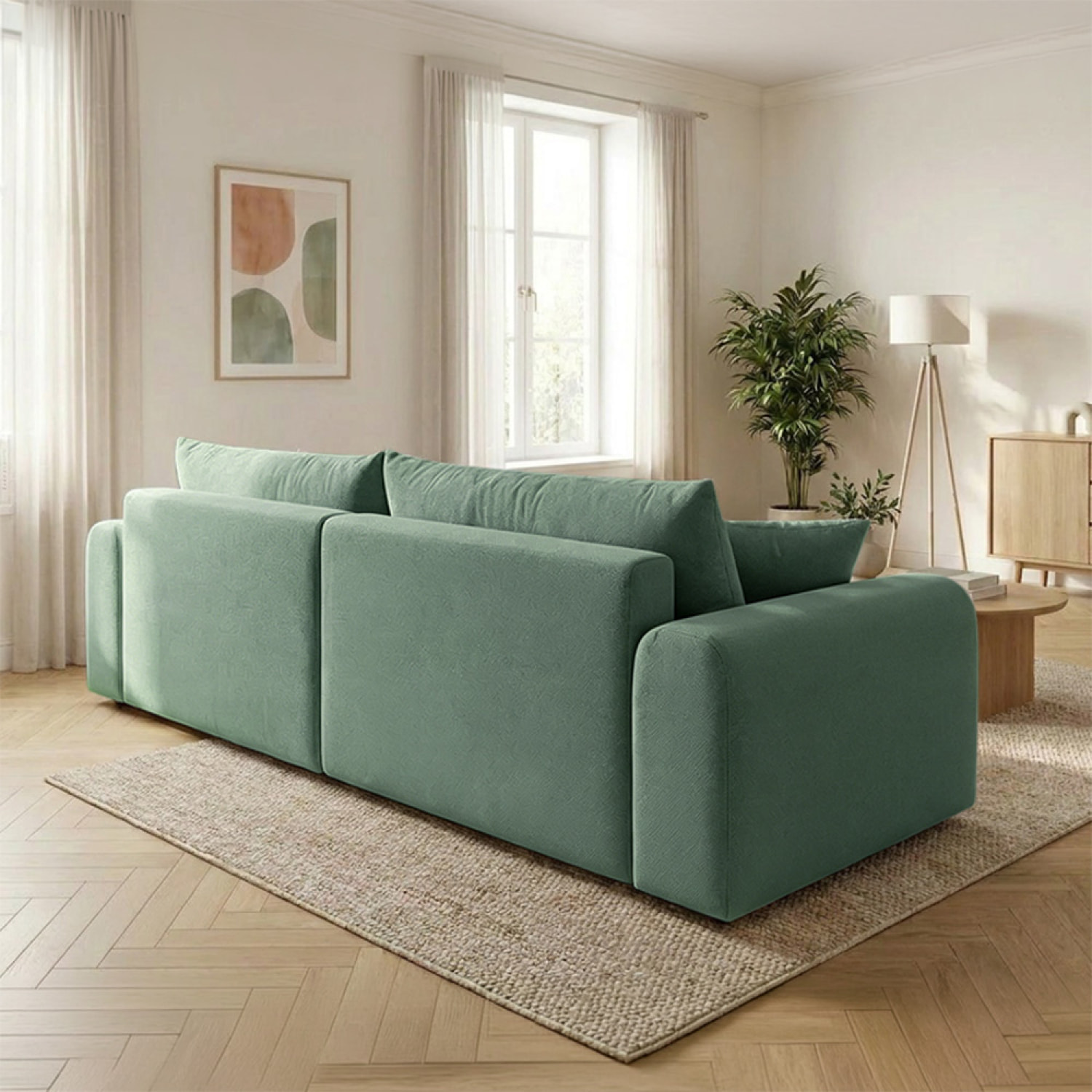 Canapé d'angle convertible vert 4 places tissu bouclé + coffre OLIZE