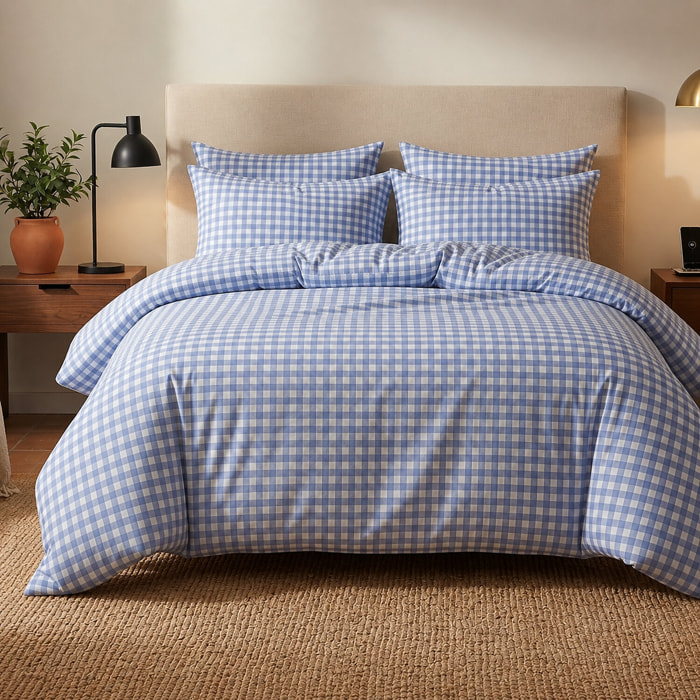 Parure housse de couette 260x240 cm imprimée vichy bleu + 2 taies 100% Coton - CELESTIN