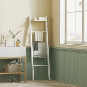 Toallero Escalera con Estante Superior y 4 Barras, Toallero de Baño para Apoyar en Pared, Estantería de Escalera Inclinada, para Dormitorio, Salón, 43x20x151 cm, Blanco y Roble