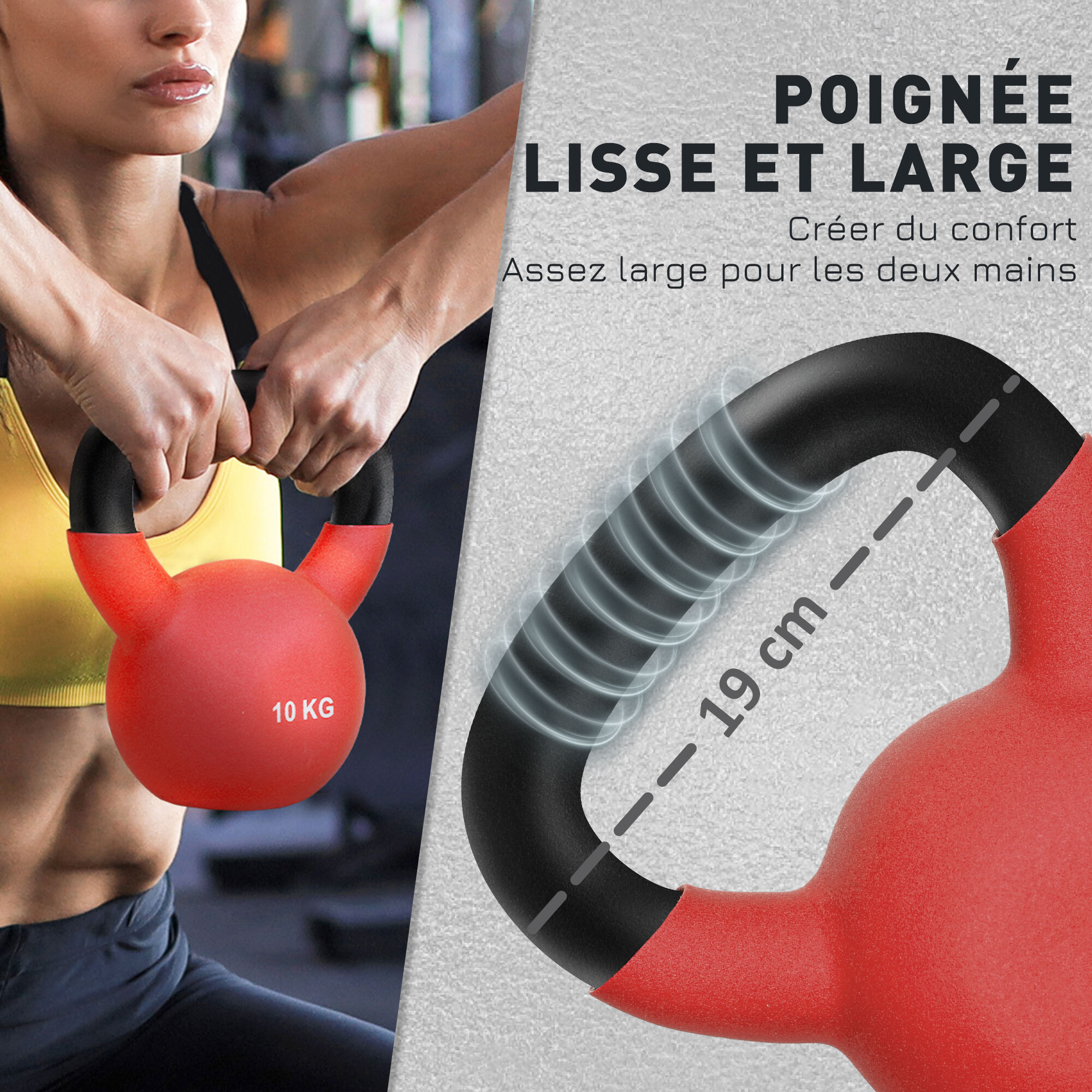 Kettlebell 10 Kg en métal large poignée antidérapante fond plat rouge noir