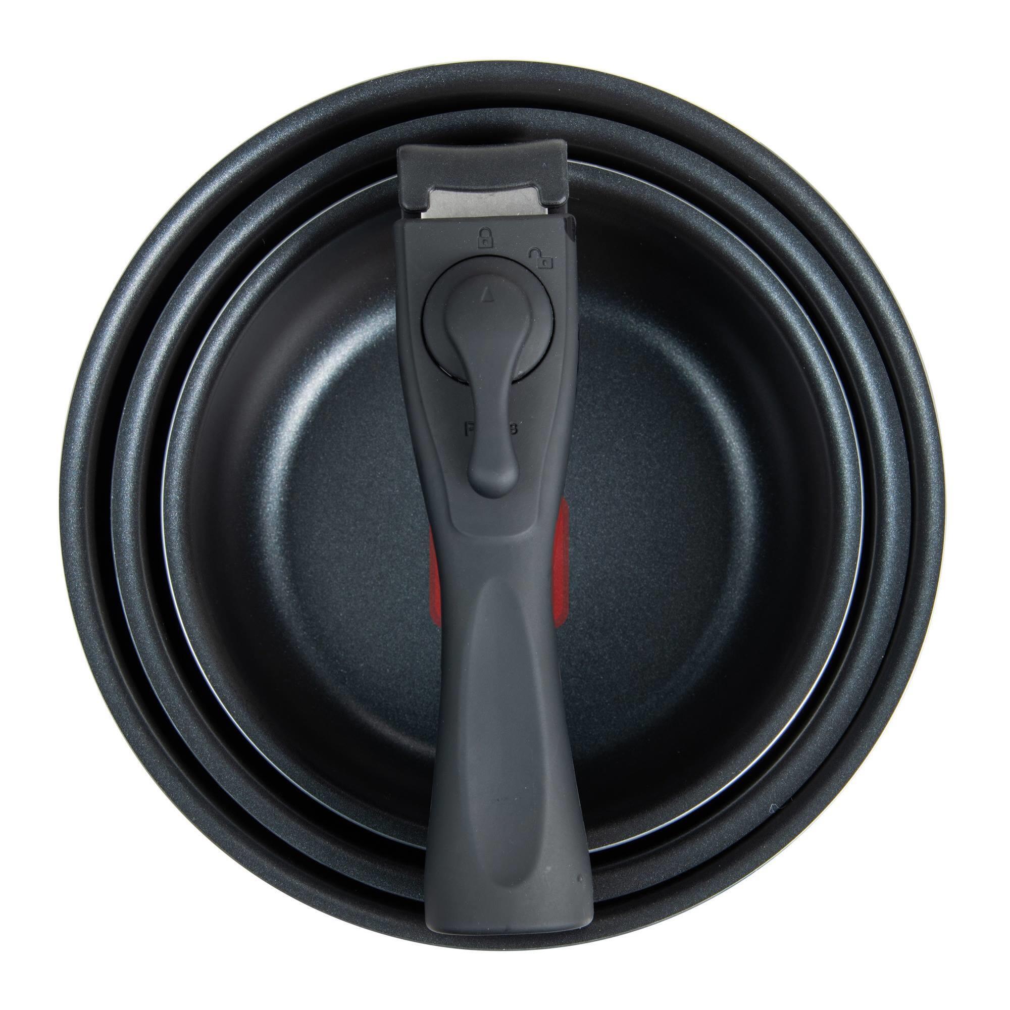 juego de 3 cazos ø16ø18ø20cm aluminio prensado y heat dot + mango desmontable negro