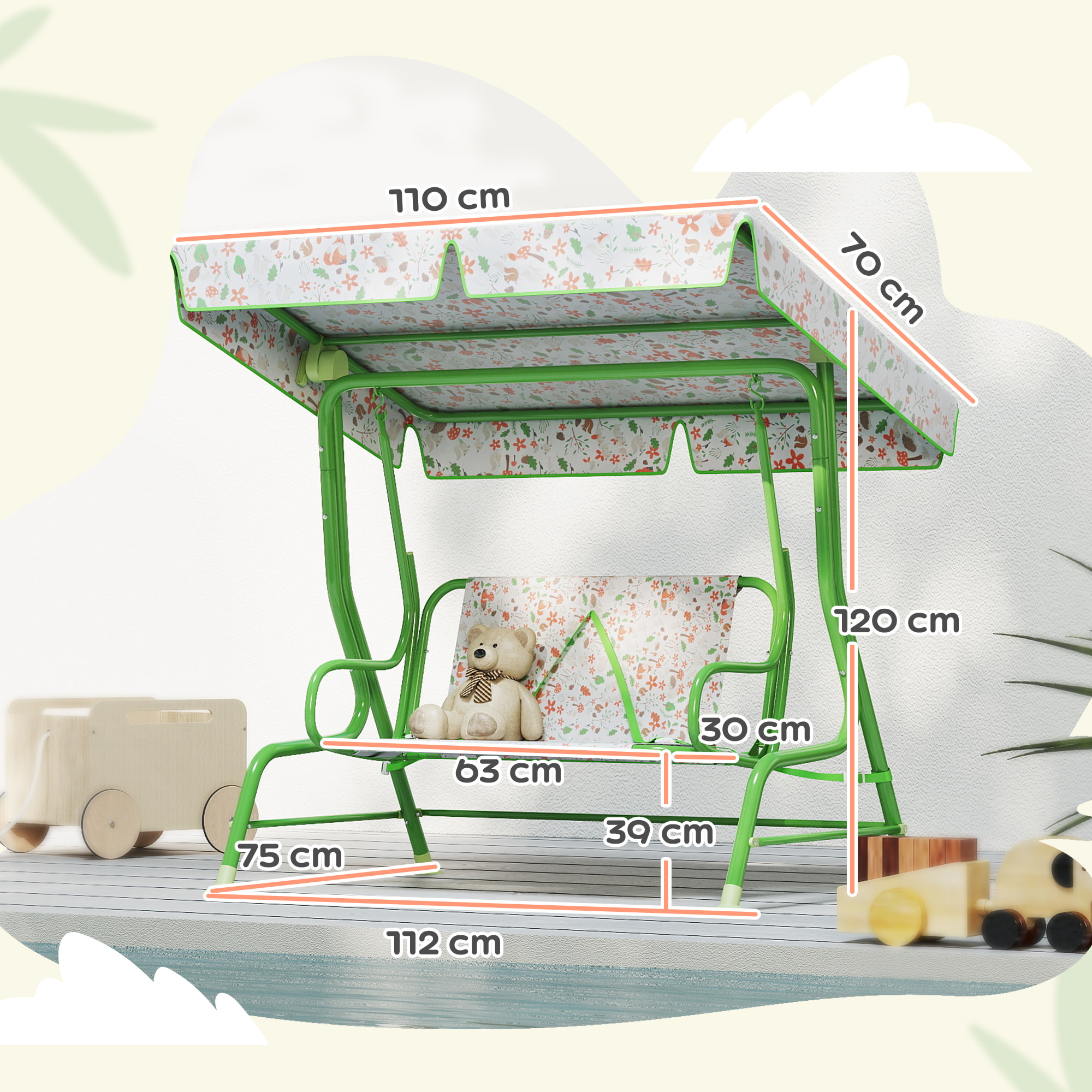 Columpio de Jardín Exterior para Niños de +3 Años Balancín de Jardín Exterior de 2 Plazas con Toldo Ajustable Arnés de Seguridad y Estampados Bonitos 112x75x120 cm Verde