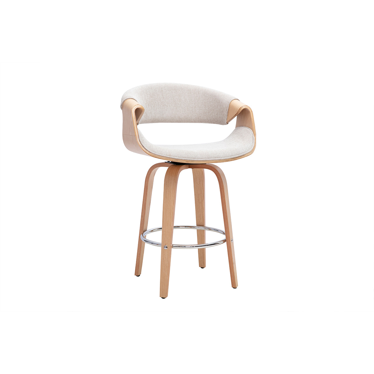 Tabouret de bar design en tissu effet velours texturé beige, bois clair et acier chromé H68 cm ARAMIS