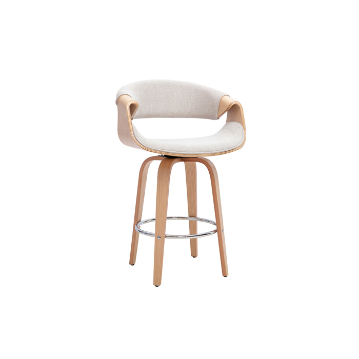 Tabouret de bar design en tissu effet velours texturé beige, bois clair et acier chromé H68 cm ARAMIS