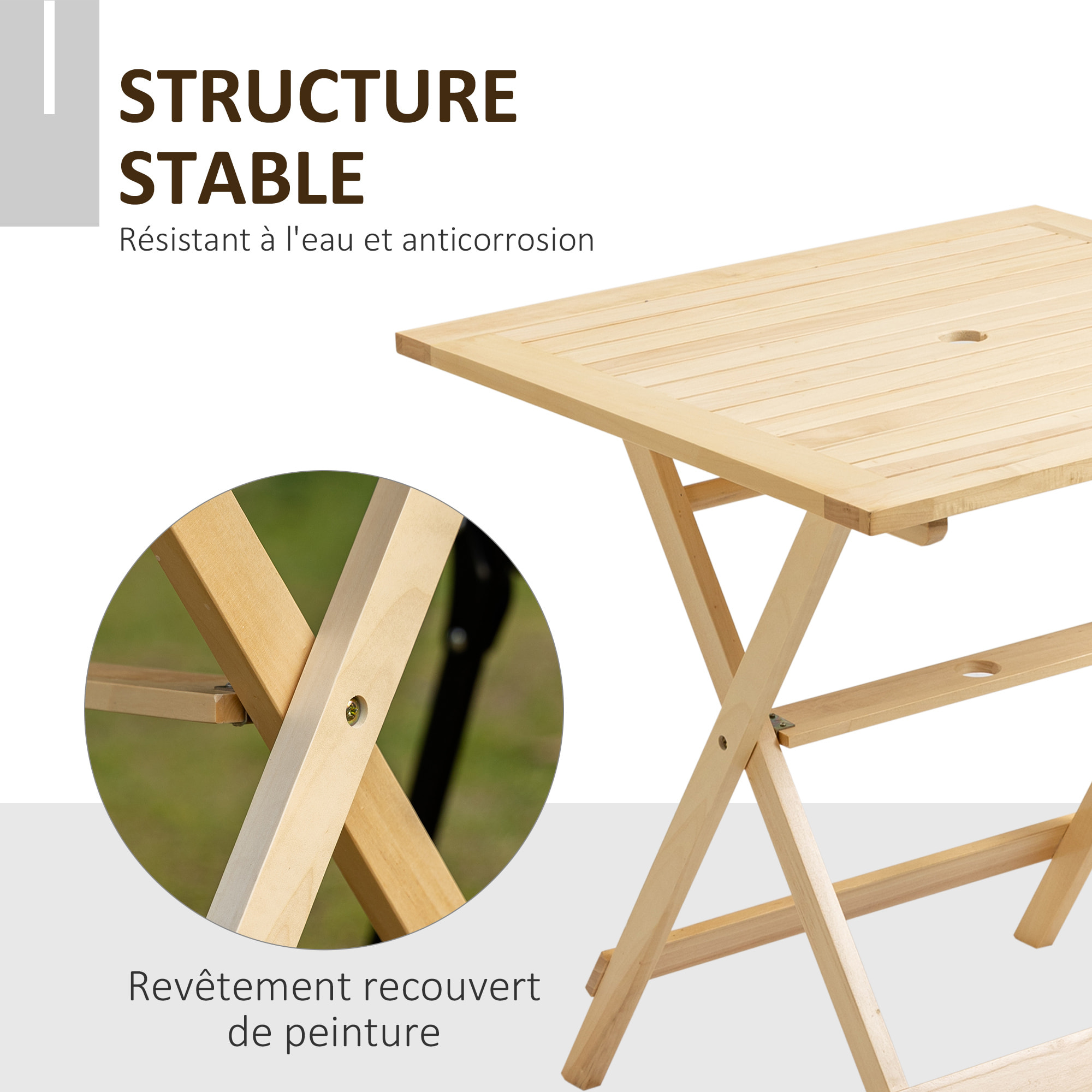 Table de jardin camping pliable plateau à lattes dim. 70L x 70l x 70H cm espace parasol bois sapin pré-huilé