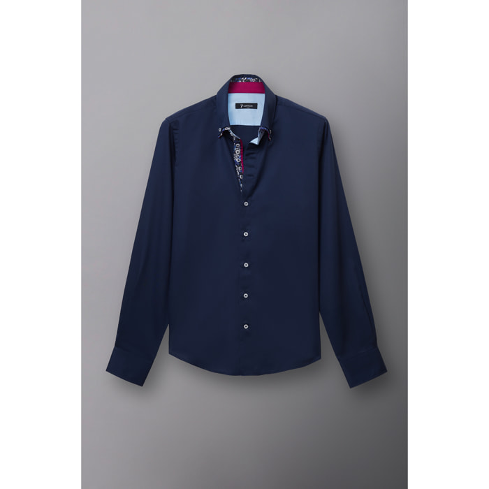 Camicia Uomo 2 Bottoni Button Down 7bottoni Doppio Coll Satin Unito Blu