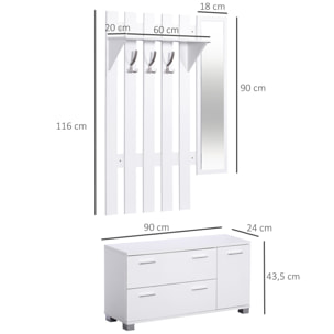 Conjunto de Recibidor de Entrada con Espejo Perchero y Zapatero Muebles de Entrada con 3 Ganchos Estante y 2 Cajones para Pasillo Blanco