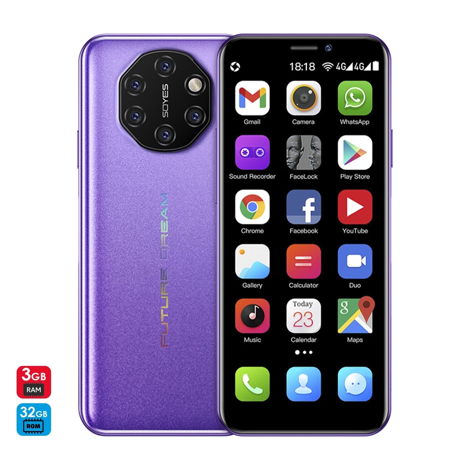 DAM Mini smartphone S10i 4G, Android, 3GB RAM + 32GB. Schermo da 3,46''. Doppia scheda SIM. 4,5x1,2x10,2 centimetri. Viola