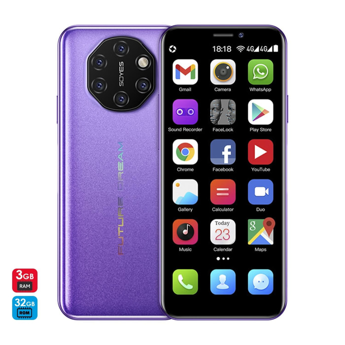 DAM Mini smartphone S10i 4G, Android, 3GB RAM + 32GB. Schermo da 3,46''. Doppia scheda SIM. 4,5x1,2x10,2 centimetri. Viola