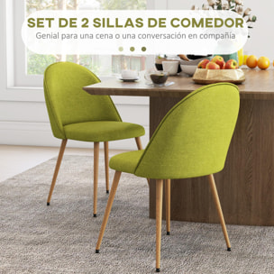 Pack de 2 Sillas de Comedor Sillas de Cocina Tapizadas de Tela de Lino con Patas de Acero para Salón Dormitorio Carga 120 kg 50x52x83 cm Verde