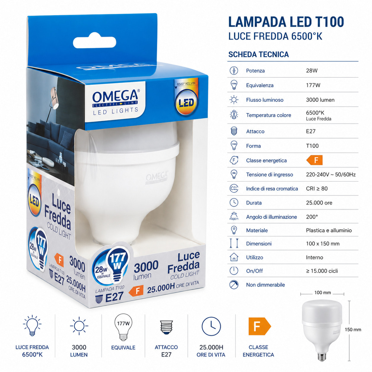 OMEGA Lampada Led Alta Potenza 28W 3000 Lumen E27 3000K
