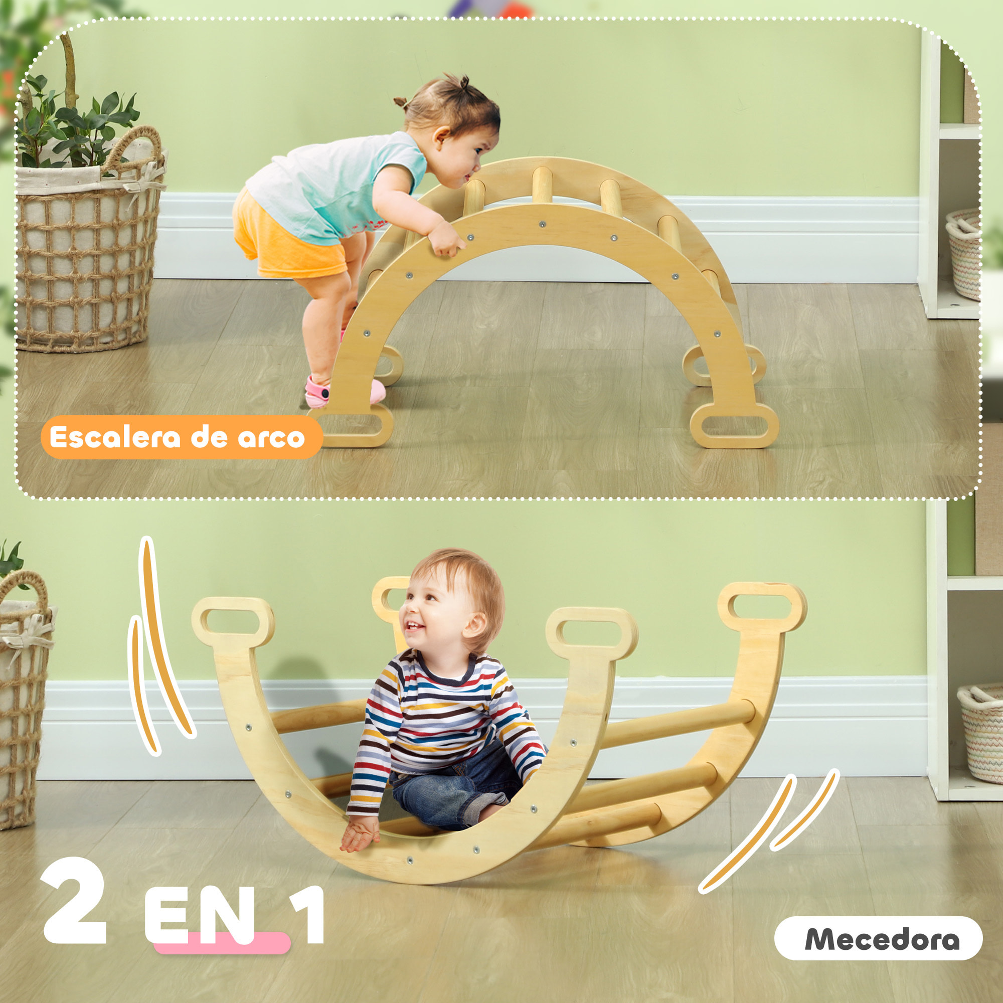 Escalada para Niños de Madera 2 en 1 Arco de Escalada para Niños de 18-48 Meses Balancín para Bebés Carga 50 kg 68x42x36 cm Natural