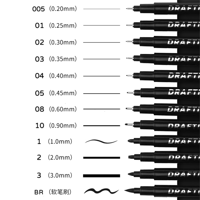 Pennarelli Fineliner con Punte Assortite, 12 Penne Micro Liner Nere (da 0,2 mm a 3 mm), Penne per Disegno Tecnico, Penne per Illustrazione