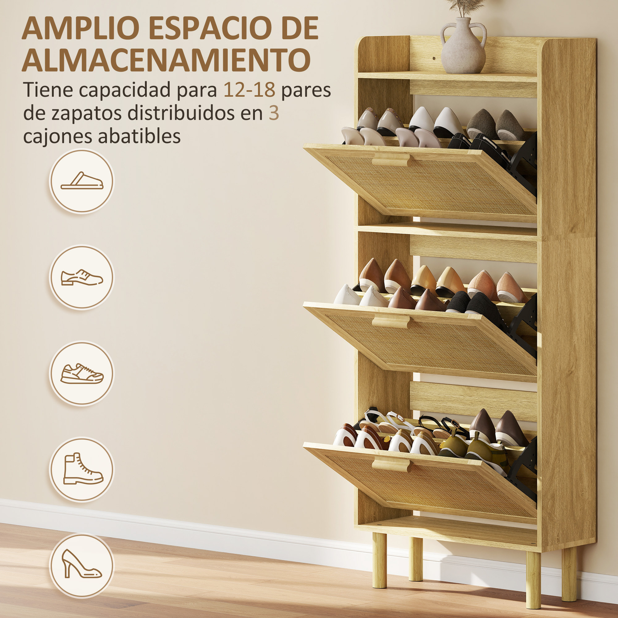 Zapatero Estrecho con 3 Cajones Abatibles, Zapatero de Recibidor Entrada con Estante Abierto, Patas de Madera, para 12-18 Pares de Zapatos, 65x24,5x153 cm, Roble