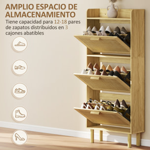 Zapatero Estrecho con 3 Cajones Abatibles, Zapatero de Recibidor Entrada con Estante Abierto, Patas de Madera, para 12-18 Pares de Zapatos, 65x24,5x153 cm, Roble