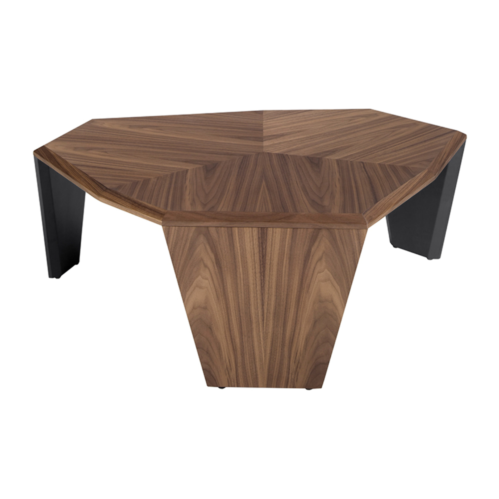 Mesa centro asimétrica con tapa de madera chapada en nogal natural y patas de PVC de en negro 115x96x40cm