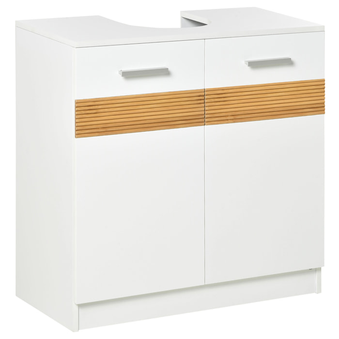 Meuble vasque style cosy chic bandeau 10 bambous placard 2 portes avec étagère MDF dim. 60L x 30l x 60,5H cm blanc