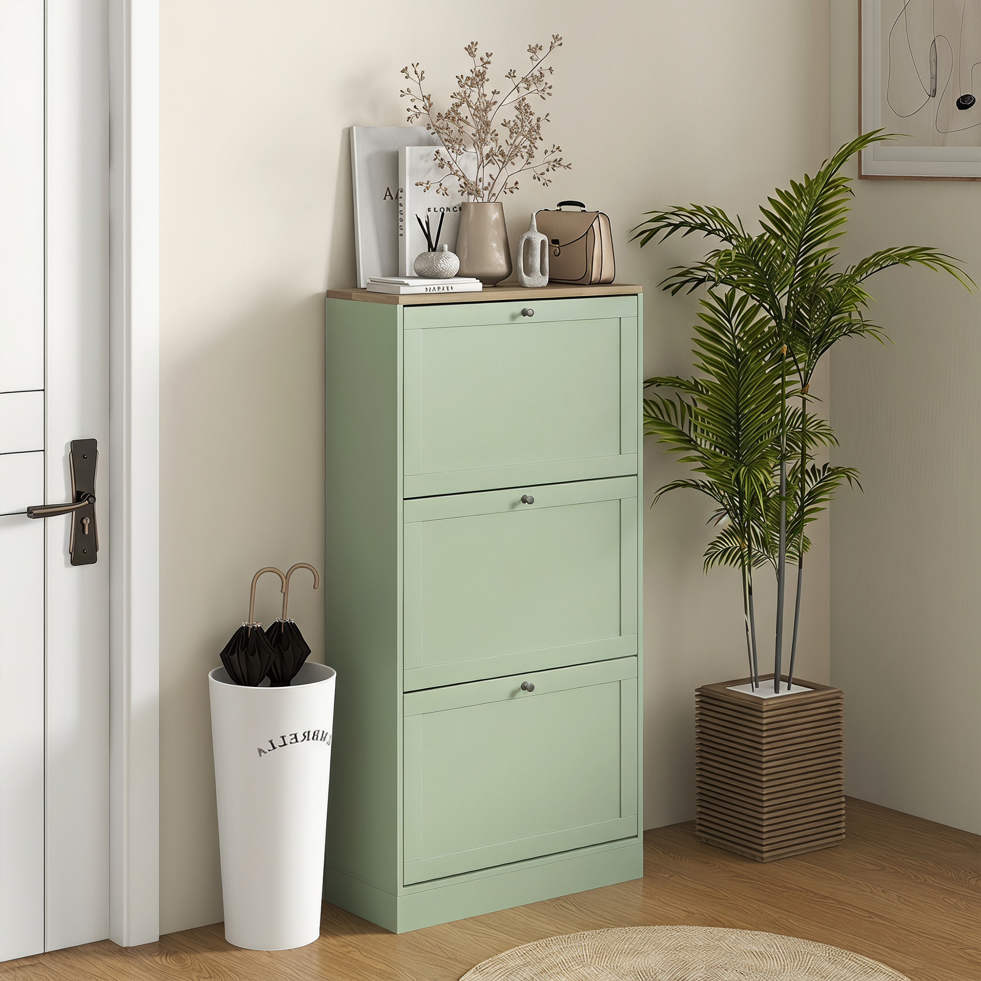 Meuble à chaussures 3 portes battantes style classique chic vert effet bois clair