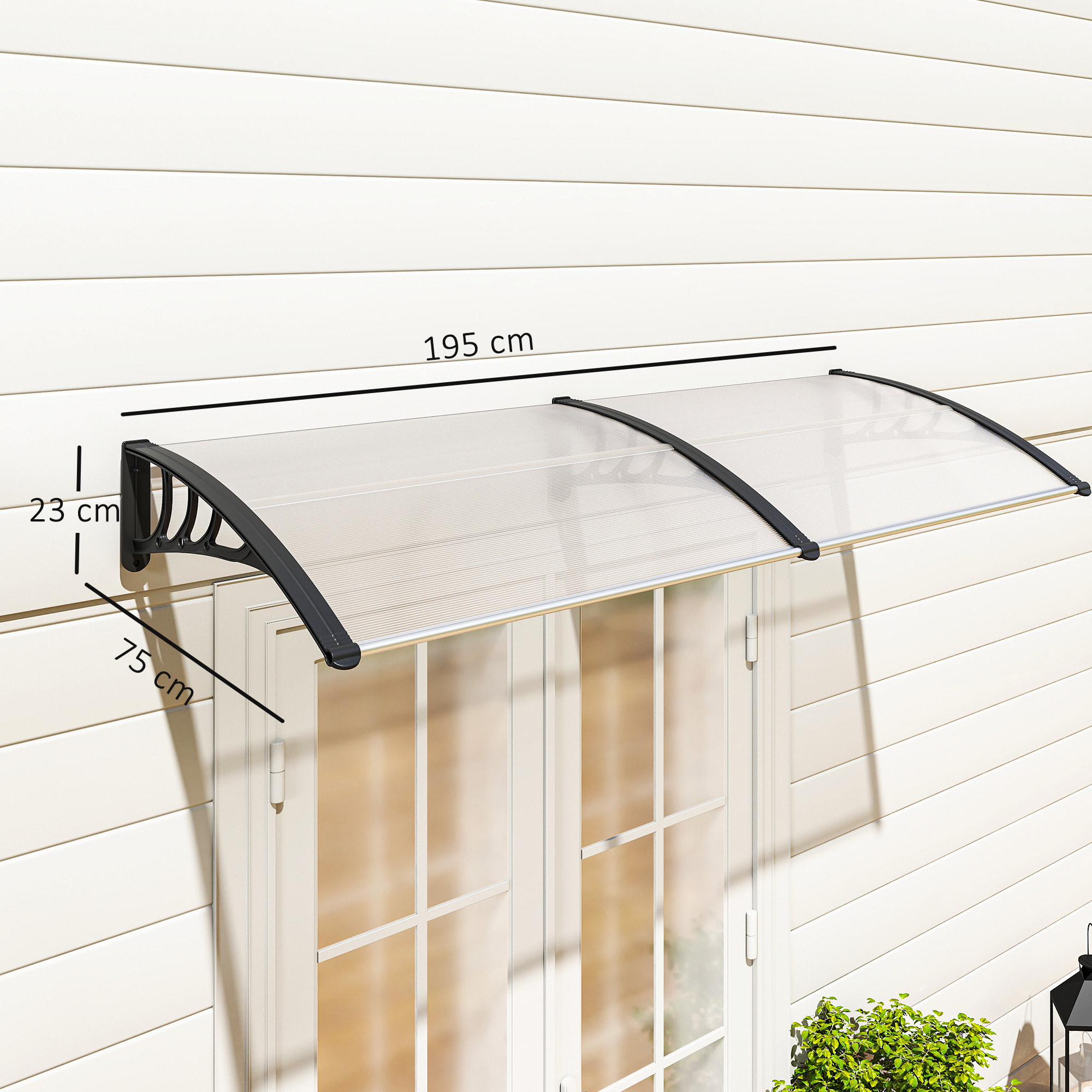 Marquesinas Exterior para Puertas y Ventanas, 195x75 cm, Tejadillo de Protección contra Sol y Lluvia, con Cubierta de Policarbonato, Soporte de Aleación de Aluminio, Blanco