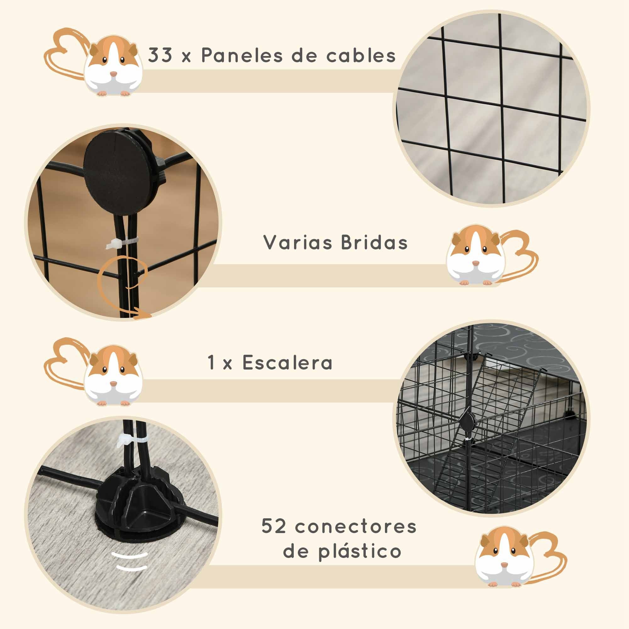 Jaula para Animales Pequeños Parque para Mascotas Forma Personalizable Valla Metálica para Cobayas Conejos Chinchillas 175x105x70 cm Negro