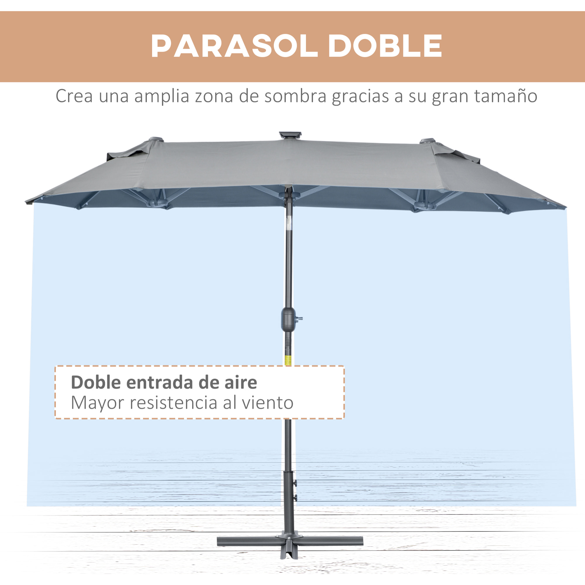 Outsunny Sombrilla Doble 295x150x219 cm Sombrilla de Jardín con Luces LED Solares Techo con Inclinación Ajustable y Manivela Manual para Patio Piscina Playa Gris