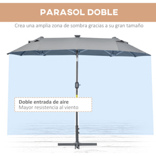 Outsunny Sombrilla Doble 295x150x219 cm Sombrilla de Jardín con Luces LED Solares Techo con Inclinación Ajustable y Manivela Manual para Patio Piscina Playa Gris