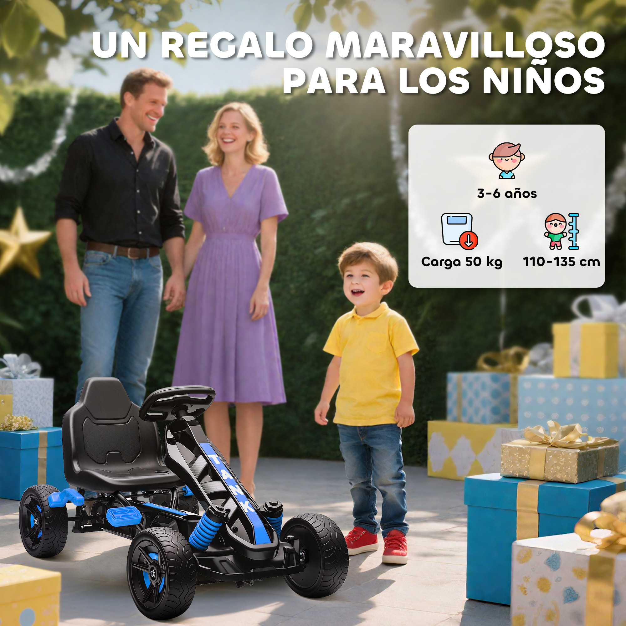 Kart Pedales para Niños de +3 Años Go Kart con Embrague Automático Freno Ruedas Antideslizantes de EVA y Marco Metálico Carga 50 kg Azul