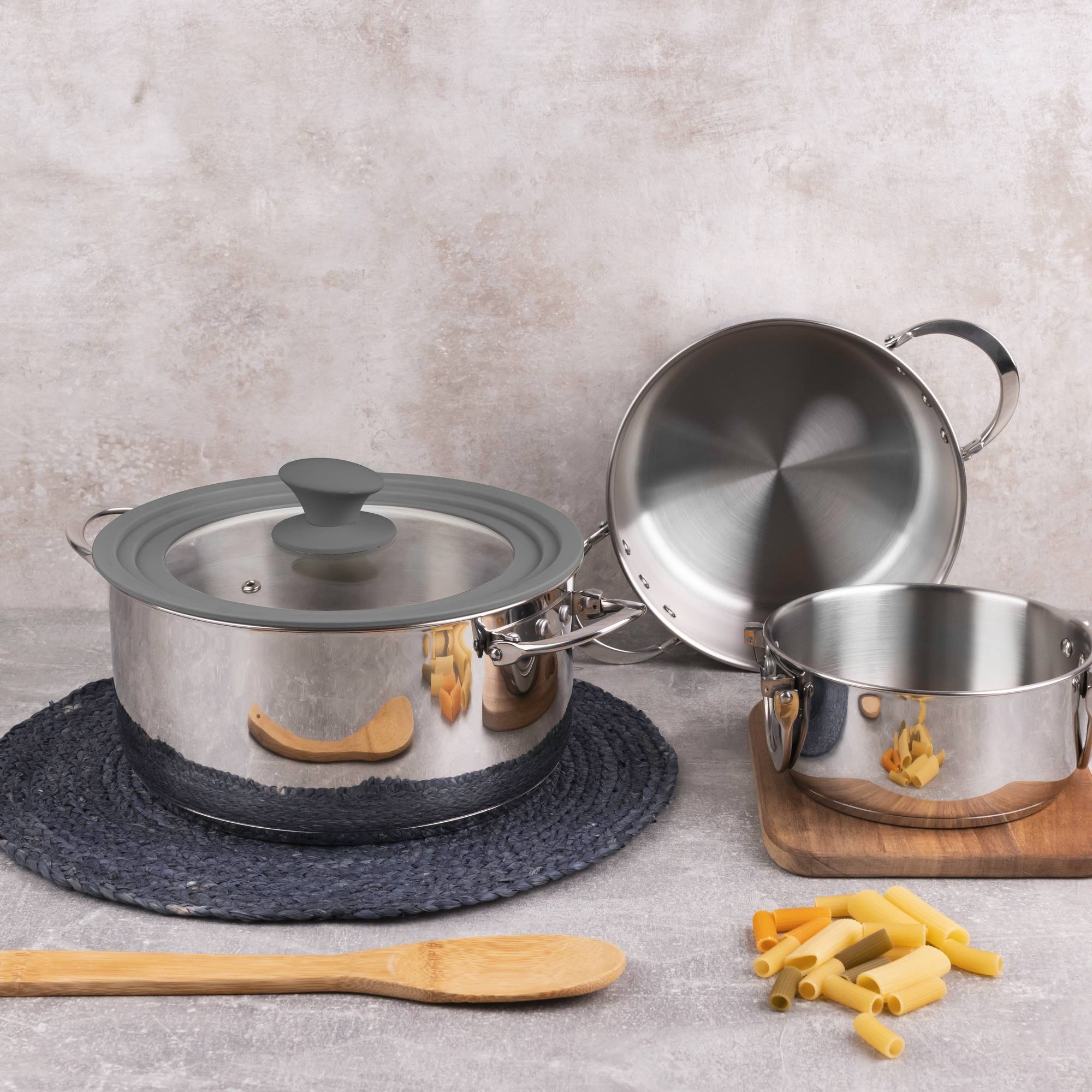 Batería de cocina con cacerolas de Ø16Ø20Ø24cm en acero inoxidable y Tapa de cristal FOODIES MasterPRO