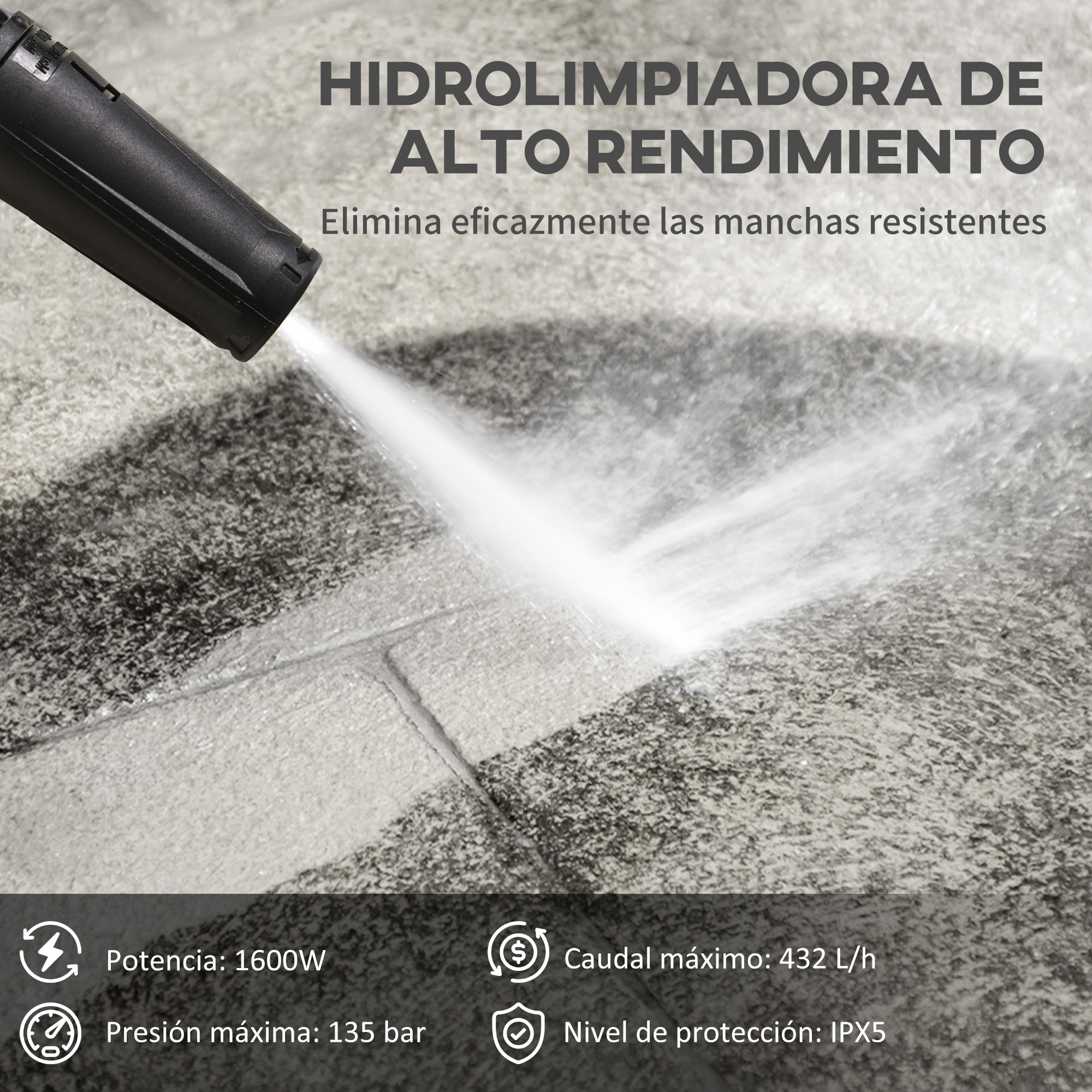 Hidrolimpiadora Lavadora de Alta Presión 1600W Caudal 432 L/h Bomba de Aluminio Presión de 135 Bar Manguera de 6 m Incluye Botella de Jabón Boquilla Cepillo 32x24x65 cm Azul