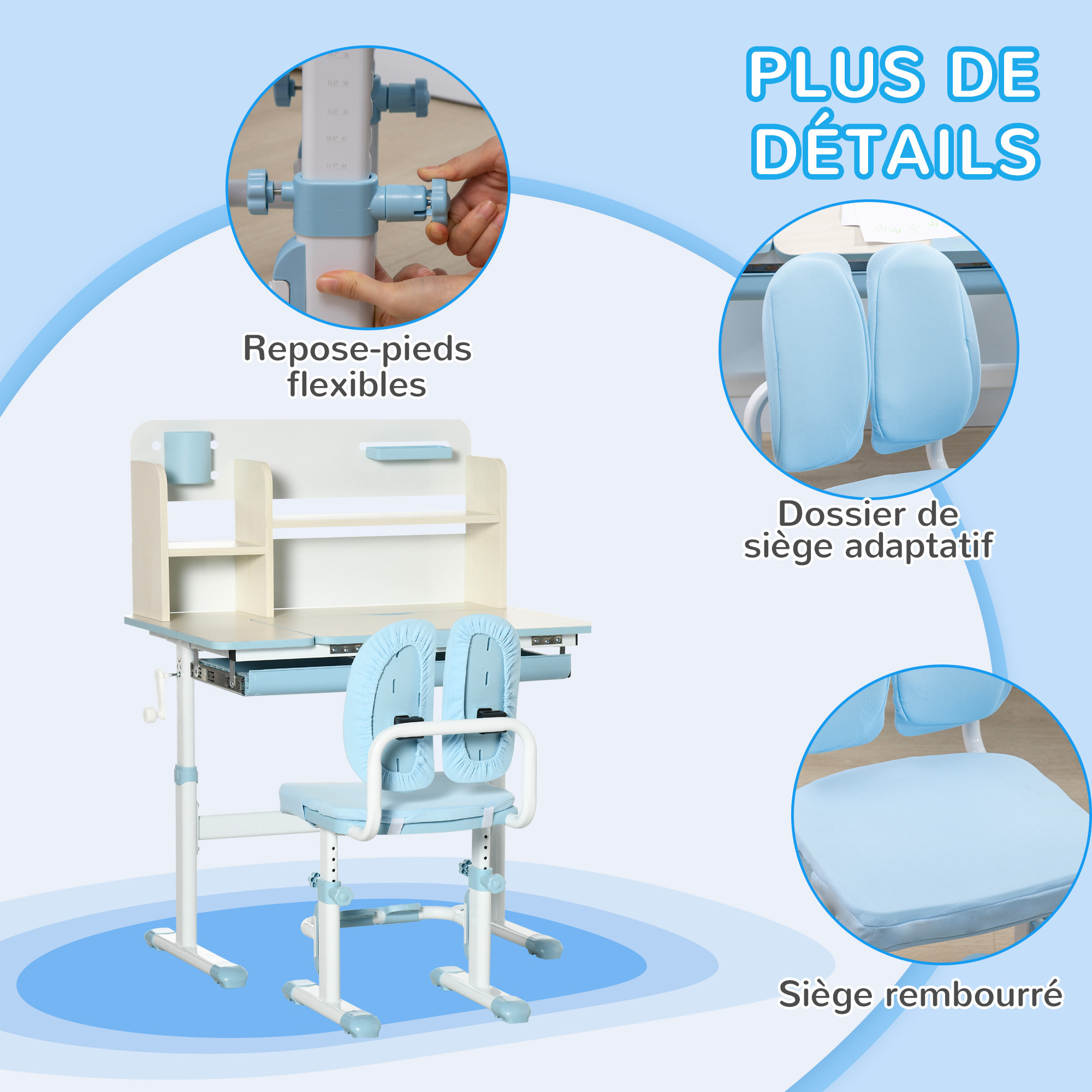 Ensemble bureau chaise enfant hauteur réglable plateau inclinable nombreux rangements blanc bleu effet bois clair