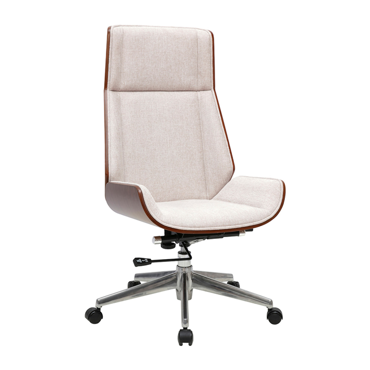 Fauteuil de bureau de direction design en tissu effet velours texturé beige, bois foncé et acier chromé CURVED