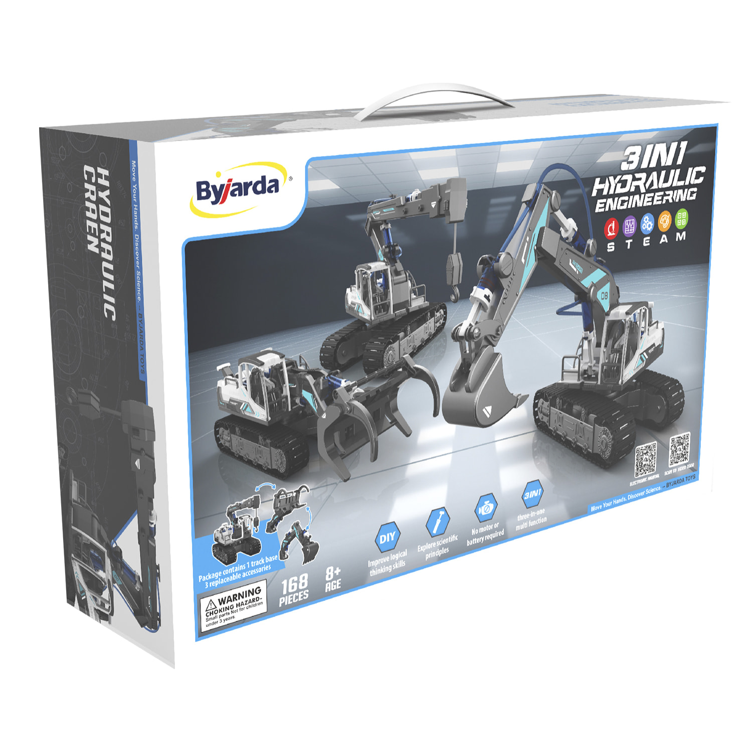 Macchinari idraulici 3 in 1: escavatore, gru e caricatore di legno. Per costruire, 168 pezzi.