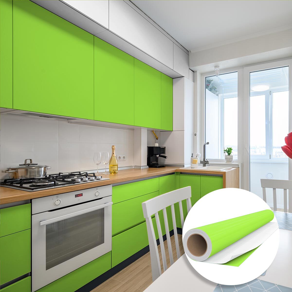 Rouleau adhésif décoratif Vinyle au Mètre - Vert pomme - Sticker Lavable Imperméable Mur Cuisine Meubles
