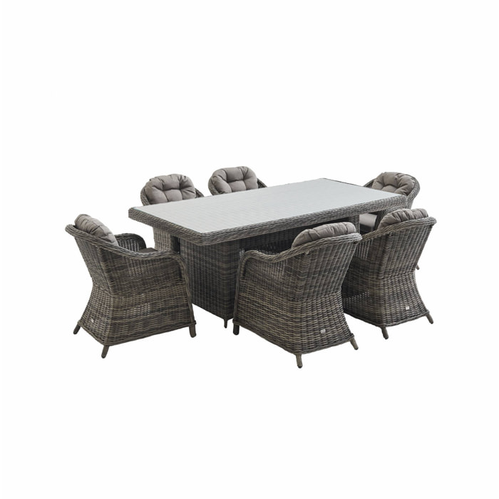 Table de jardin résine arrondie + 6 assises - Lecco Gris - Coussins beige - 6 places - 6 fauteuils. une grande table