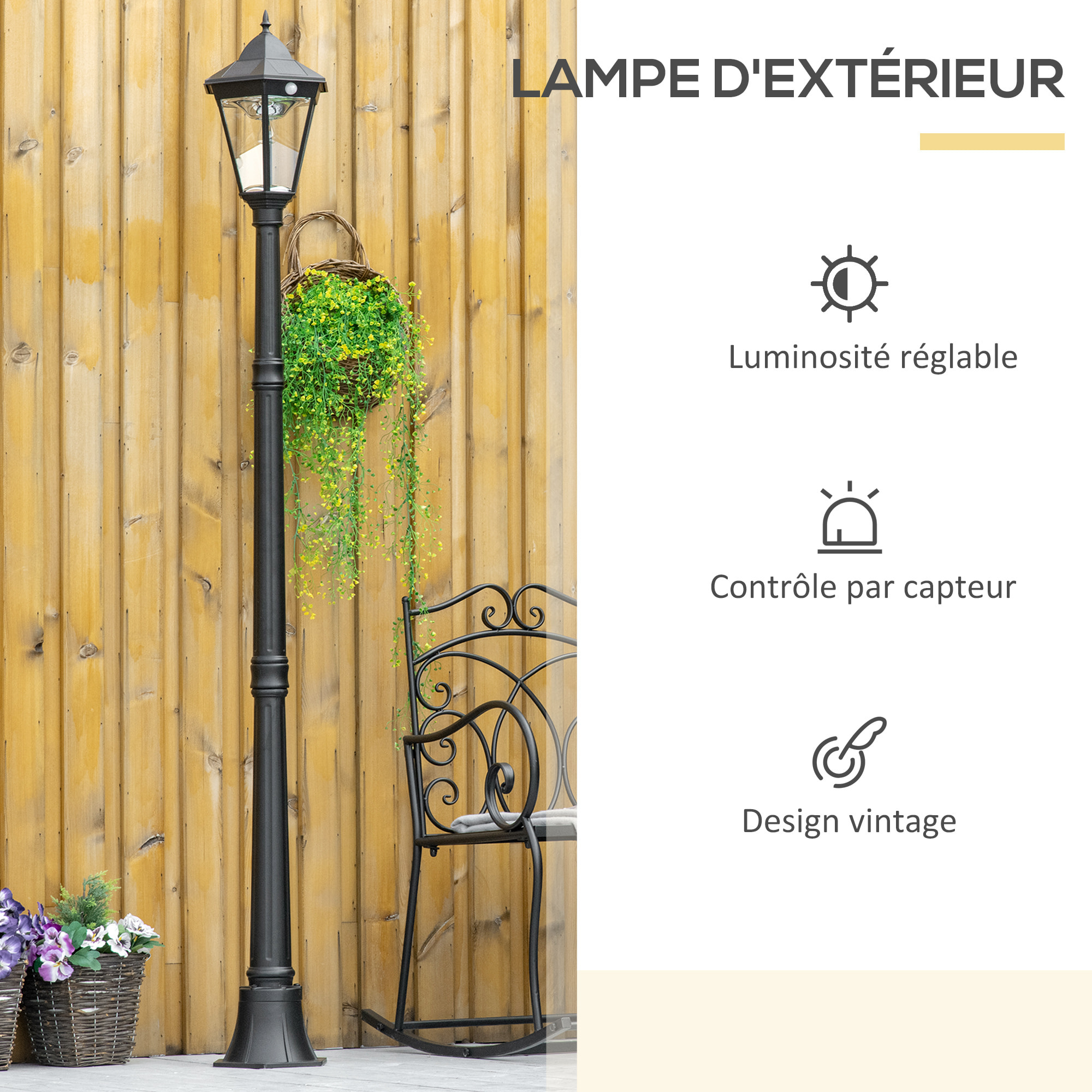 Lampadaire lanterne LED de jardin - capteur, réglable - H. 1,96 m - alu noir