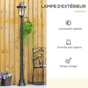 Lampadaire lanterne LED de jardin - capteur, réglable - H. 1,96 m - alu noir