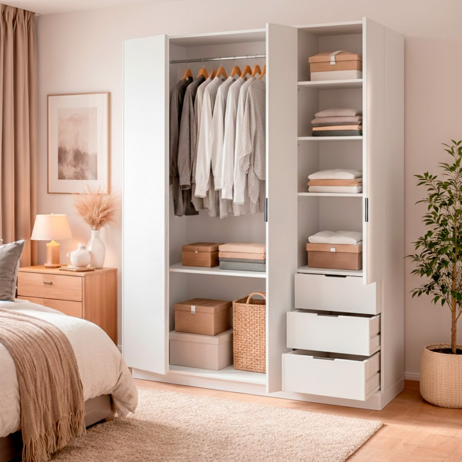 Armadio Guardaroba Vestiti 3 Ante Battenti 4 Ripiani E 3 Cassetti Con Barra Appendiabiti Salvaspazio Design Moderno 200 x 52 x 135 Cm Bianco