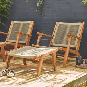 Lot de 2 fauteuils relax taupe en eucalyptus. corde. avec repose-pieds