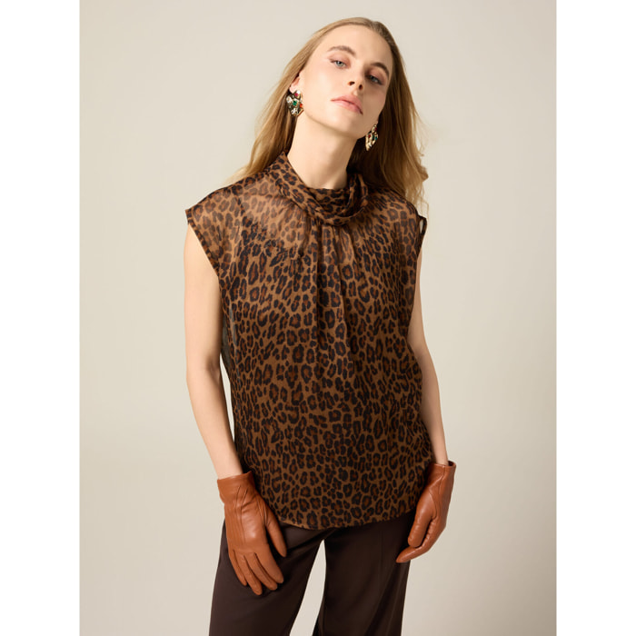 Oltre - Blusa animal print en tejido crepé - Marrón