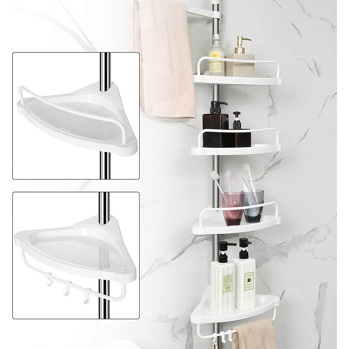 Colonna Portaoggetti Bagno Telescopica con 4 Ripiani - Bianco/Argento