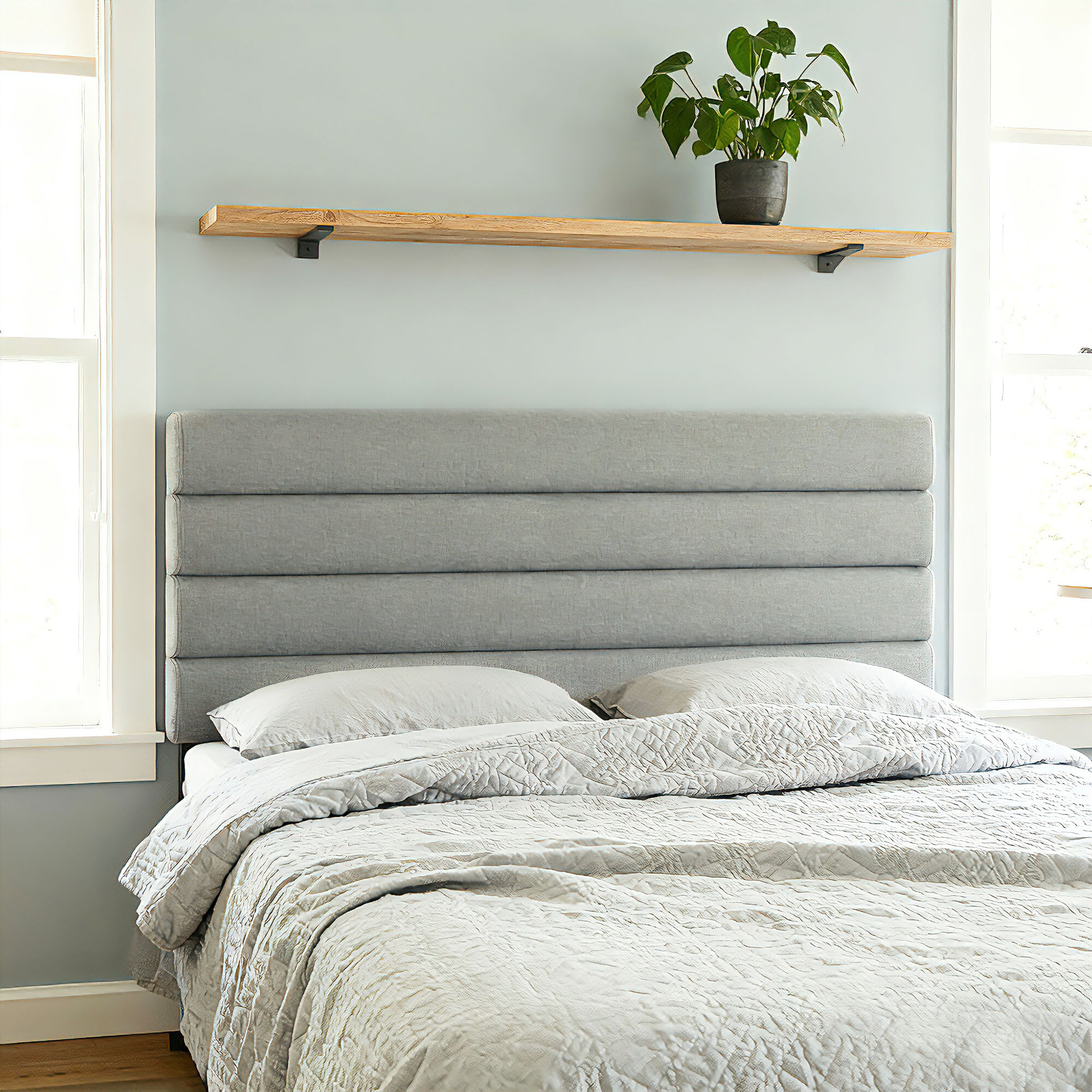 Cabecero de Cama 140 cm, Altura Ajustable 3 Niveles 106/116/126 cm, Cabezal de Cama Tapizado en Lino, Acolchado Linea, con Patas de Acero, Montado a la Pared, Cabecero para Dormitorio, Gris