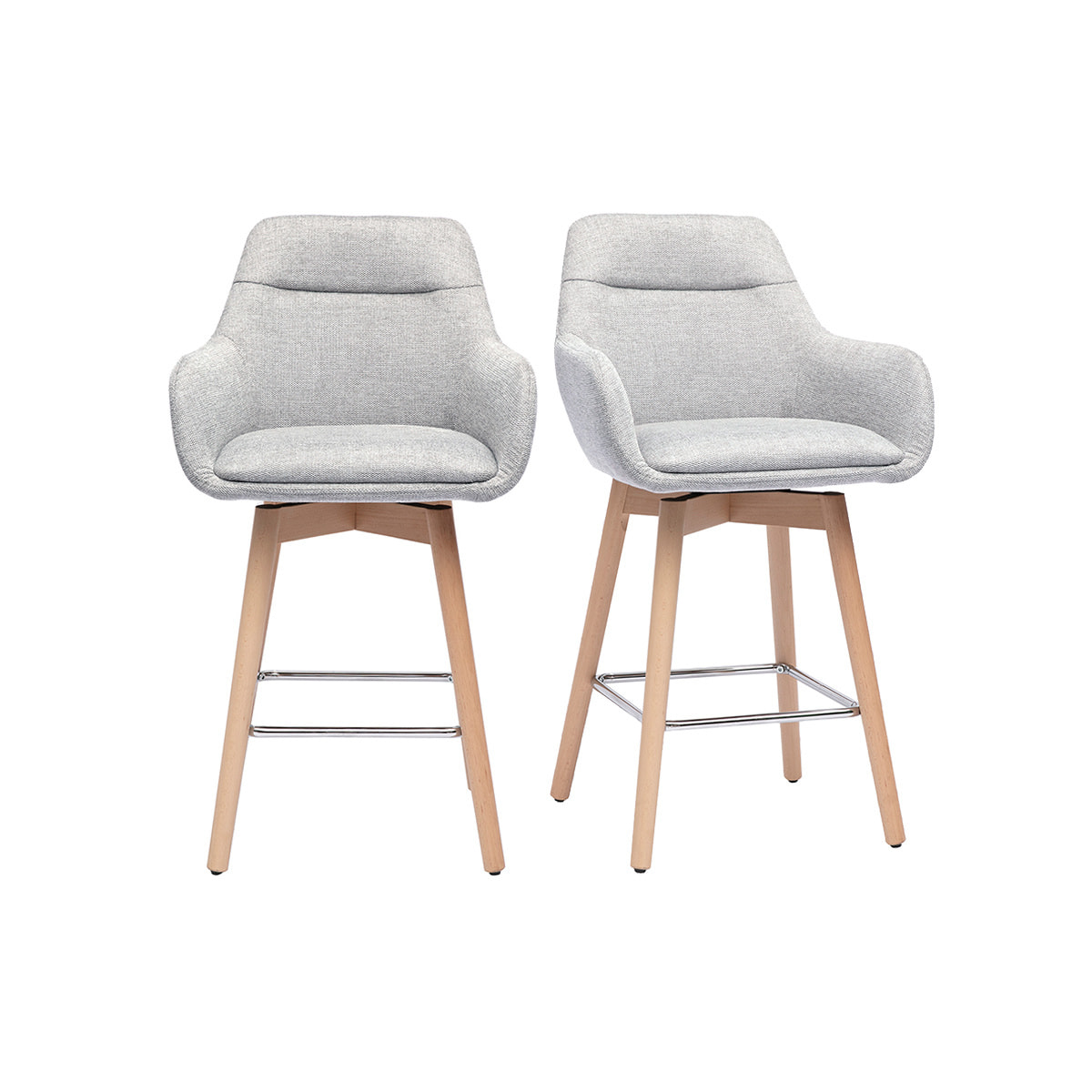 Tabourets de bar scandinaves pivotants 360° en tissu effet velours texturé gris clair et bois clair H65 cm (lot de 2) ALESS