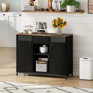 Aparador de 2 Puertas con Orificios, Aparador para Salón con Cajón, Compartimentos Abiertos, Estantes Ajustables, para Cocina, Entrada, Oficina, Negro y Marrón Rústico, 100x40x80 cm