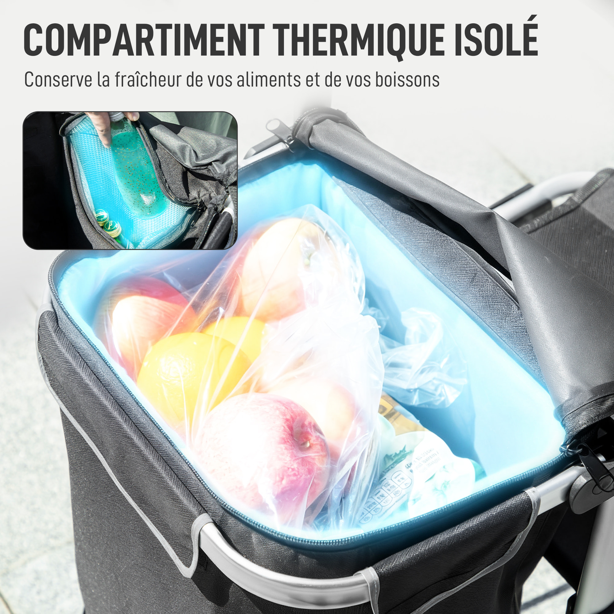 Chariot de courses pliable 3 en 1 sac à bandoulière 40L chariot transport poignée réglable compartiment isotherme alu noir