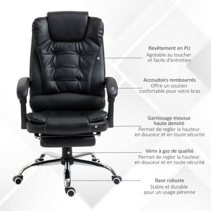 Fauteuil de bureau fauteuil manager grand confort réglable dossier inclinable repose-pied revêtement synthétique noir