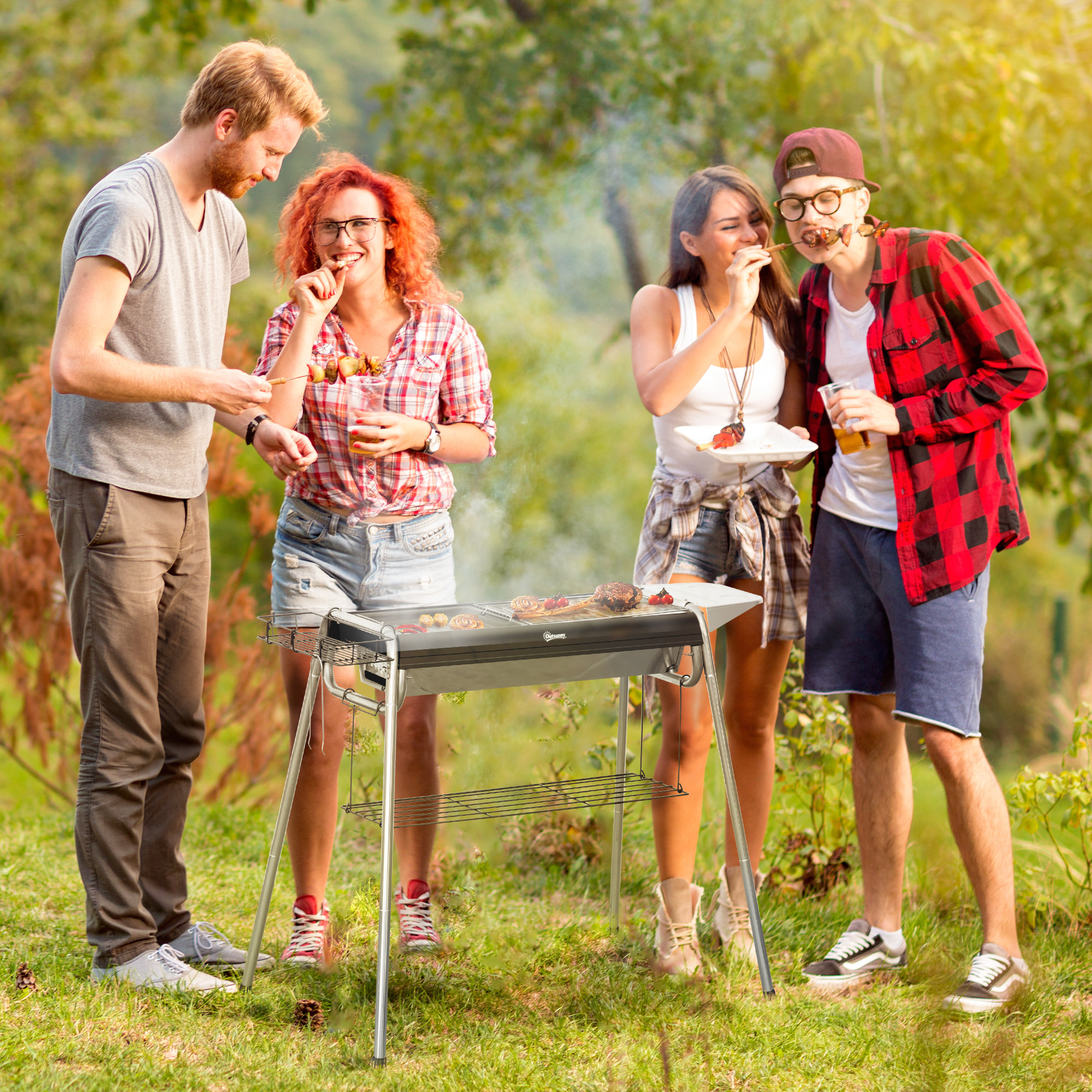 Barbacoa de Carbón Barbacoa Portátil con Parrilla de Acero Inoxidable Bandeja Especiero y Estante de Almacenamiento para Jardín Camping 107x63x75 cm Negro