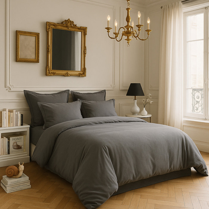 Housse De Couette 100% Satin de Coton lavé 105 Fils Gris Fonce