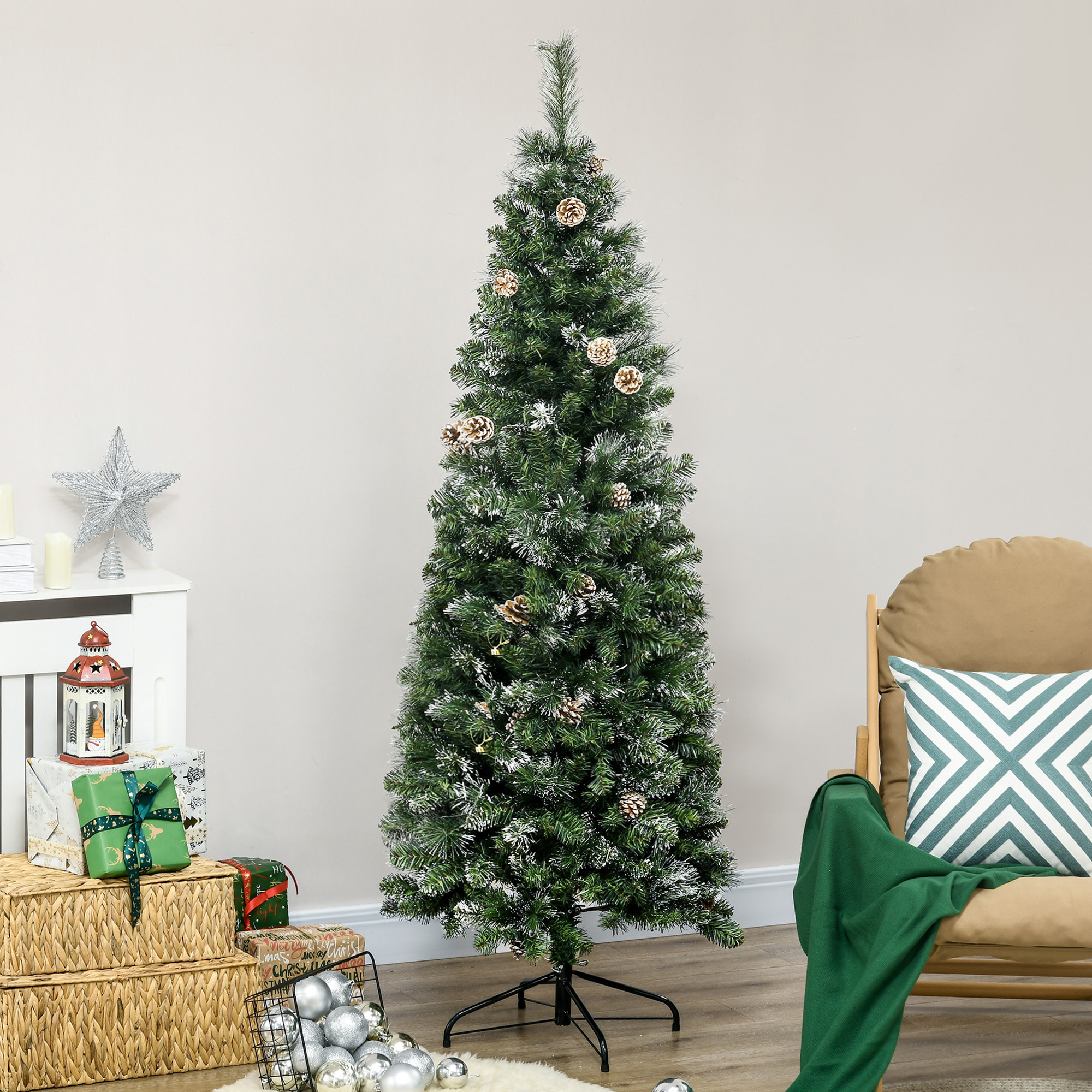 HOMCOM Albero di Natale Artificiale da 180cm con Pigne, 618 Rami e Base in Metallo, Verde