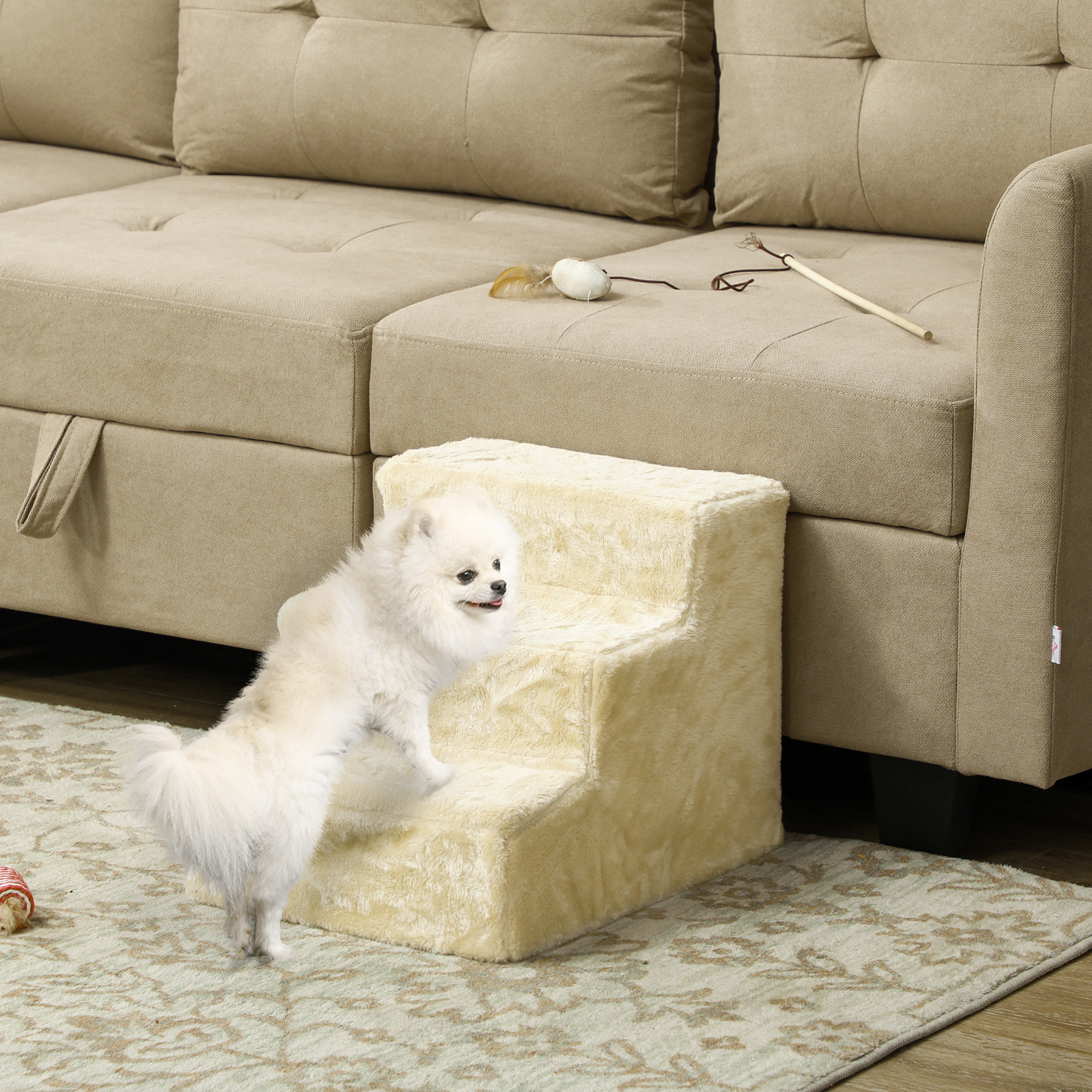 Escalera para Perros de 3 Peldaños, Escalera para Mascotas con Funda Extraíble y Lavable, Rampa para Perros y Gatos para Cama, Sofá, 46x35x35 cm, Beige