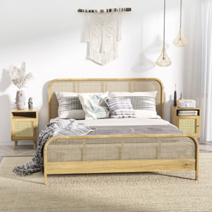 Conjunto de 2 Mesitas de Noche Mesillas de Noche con Puertas de Ratán Compartimientos Abiertos y Antivuelco Mesas Auxiliares para Dormitorio Salón 39x35x60 cm Natural